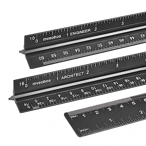 Architectural&Engineering Triangular Scale Ruler, 12 Inch Architectural Scale Ruler Set, Laser-Etched Aluminum with Stainless Steel Ruler for Architects, Students, Draftsman, Engineers (3 PCS) - style: Black-A&E&S