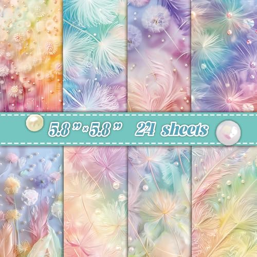 Dreamy Dandelion Feather Pearl Scrapbook Paper Pad - 24 Sheets Soft Pastel Gradient Designs - 15x15cm Square Craft Paper for Junk Journal Decoupage - color: Rainbow Feathers