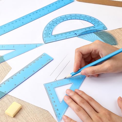 Zonon 7 Pcs Geometry Kit with Drawing Compass, 6 & 4 Inch Protractors, 45/60 Degree Triangle Rulers, 12 & 6 Inch Straight Rulers, Transparent Math Drafting Tools for Student School, Office(Blue) - color: Blue