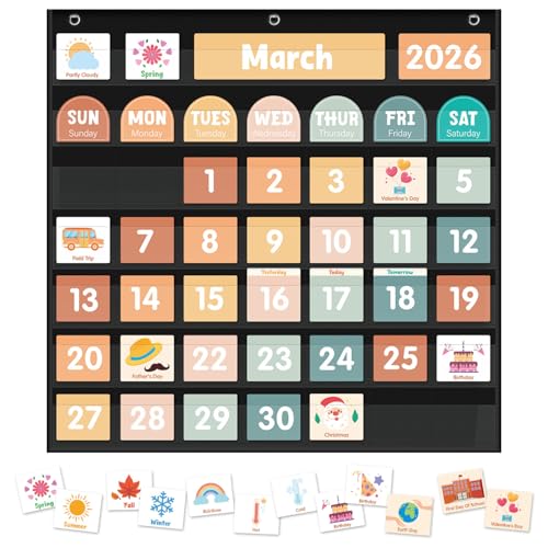 Large Calendar Pocket Chart, Calendar Learning Classroom Calendar Pocket Chart with 115 Cards for Classroom Calendar and Weather Pocket Chart for Home Kindergarten Learning(Black) - color: black