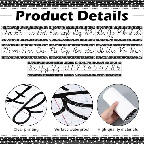 Set of 9 Cursive Writing Bulletin Board Cursive Alphabet Wall Strip for Teacher Supplies, Classroom Teaching Tool, Homeschooling, Kids Education(Black Dot) - style: Black Dot