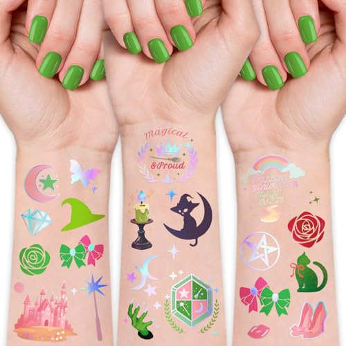 Yazhij 118 PCS Glitter Temporary Tattoos - Glitter Styles Pentagram Moon Phases Broom Crystals Old Books Cats Metallic Waterproof Wicth Fake Tattoos for Birthday Witch Accessory Wizard Party Favor - color: multicolor