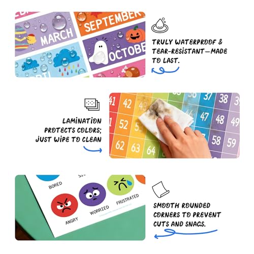 UNCLE WU 16 Pack Educational Posters for Ages 2-6, Preschool Classroom | Laminated learning charts cover ABC, numbers 1-100, shapes, colors, maps, homeschool, daycare, and kindergarten