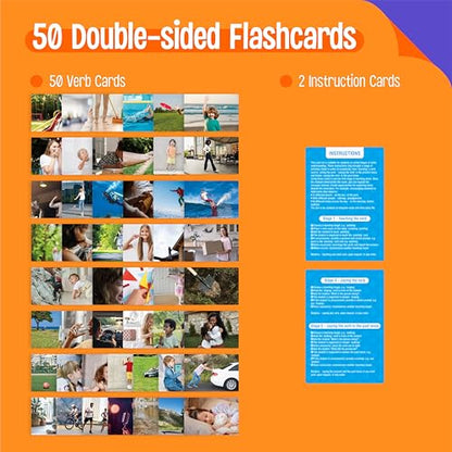 50 Verb Flashcards, Picture & Word Cards Action Language Builder Visual Aid Language Learning Tool for Autism, ESL Teaching Materials for Adults, Non-Verbal Children Vocabulary Builder for Kids - style: 50 Verb Flashcards
