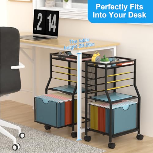 BOHDK Rolling File Cart, 6-Tier Desk File Organizer on Lockable Wheels, Black Wood Planks & Mesh Sliding Hanging Folder Drawer, Organization Cart for Office Home School - color: Black