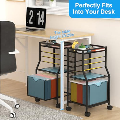 BOHDK Rolling File Cart, 6-Tier Desk File Organizer on Lockable Wheels, Black Wood Planks & Mesh Sliding Hanging Folder Drawer, Organization Cart for Office Home School - color: Black