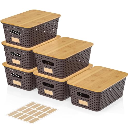 6Pcs Storage Bins with Lids, Stackable Plastic Storage Basket with Bamboo Lid, Pantry Organizer Box Small Containers for Organizing Shelves Drawer Desktop Closet Cabinet Office Classroom 10x7.1x4.1in - color: Brown
