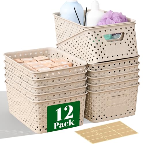 12 Pack Plastic Storage Baskets for Organizing, Storage Baskets for Shelves with Handles, Small Storage Bins with Labels, Organizer Baskets for Cabinet,Closet, Office,Natural - color: Natural