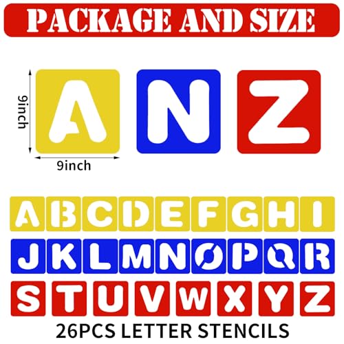 TecUnite 26 Pieces Alphabet Stencils Set Plastic Letter Stencils for Painting Learning, DIY Craft Decoration (9 x 9 Inches) - size: 9 x 9 Inches