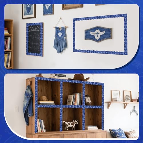 BeYumi Cowboy Bandana Border Trim - 65ft Back to School Western Themed Blue Bandana Scalloped Rolled Border Trim Wild West Themed Bulletin Board Set Classroom Office Chalkboard Wall Party Decoration - style: Western Cowboy Blue