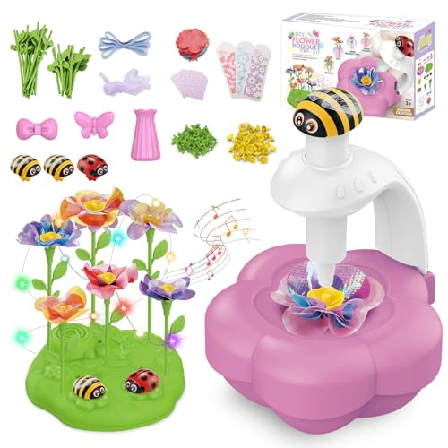 Fabric Flower Bouquets Toys with Light & Music, Deluxe DIY Arts and Crafts Kits for Kids 4-10 Year Old with Ribbons, Fridge Magnets, Greeting Cards, Birthday Gifts for Age 4 5 6 7 8 9 10 Girls (Pink)