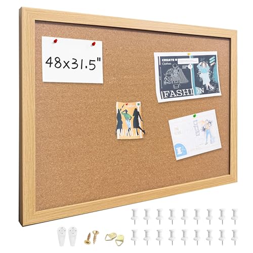 Cork Bulletin Board, 48x31.5 Inches Hanging Cork Board Wooden Framed with Pins for Wall, Dorm Room, Office, Home Decor – Natural Cork & Black Frame - color: Crude, size: 31.5" x 48"