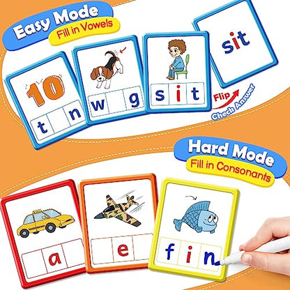 Torlam CVC Word games Phonics Games Sight Words Flash Cards, Spelling Reading Learning Flashcards, Speech Therapy Toy Preschool Kindergarten Classroom Learning Activities Must Have Homeschool Supplies - style: CVC