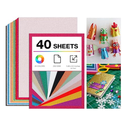 A5 Glitter Cardstock Paper - 40 Sheets 20 Colors, 250GSM Heavyweight Sparkly Glitter Paper for Scrapbooking, Card Making, DIY Crafts, No Shedding, Acid-Free & Vivid Colors