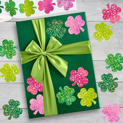 Whaline St. Patrick's Day Stickers Roll Holographic Pink Green Shamrock Seal Stickers Clover Waterproof Self-Adhesive Decals for Envelope Journal Decor Irish Party Supplies, 500Pcs - style: Pink Green Shamrock