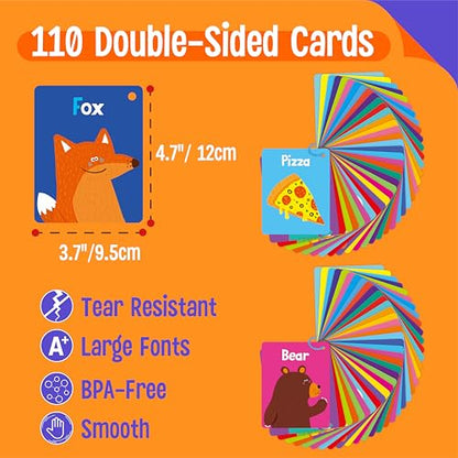 110 PCS Early Learning Flashcards, Double Sided Cards- Alphabet, Numbers, Foods, Animals, Shapes, Colors, Home Object with 4 Reclosable Rings, Learning Tool for Pre-K Kindergarten Toddlers - style: Cognitive Flashcards - 110 Pcs