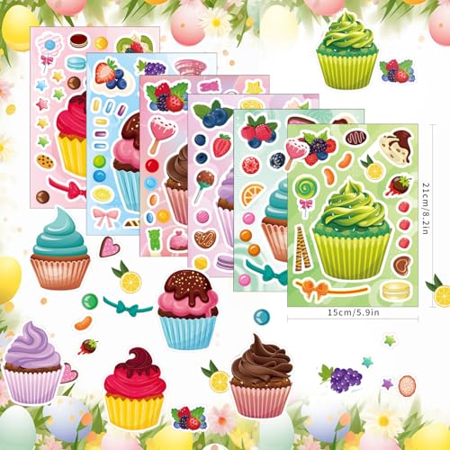 24 Sheets Make Your Own Cupcake Stickers for Kids - Make-a-Face Sticker, Dessert Stickers Mix and Match Sweets Fruit & Teacher Reward Supplies, Birthday Gifts - style: Cupcake