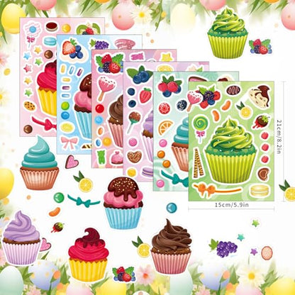 24 Sheets Make Your Own Cupcake Stickers for Kids - Make-a-Face Sticker, Dessert Stickers Mix and Match Sweets Fruit & Teacher Reward Supplies, Birthday Gifts - style: Cupcake
