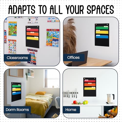 Essex Wares - 3 Pocket File Pocket Chart, Black, 14" Wide x 19.5" Tall - Versatile Wall Hanging File Folder Organizer for Classroom, Office, Home, and More - Wall Folder Organizer - 3 Pockets - size: 3 Pocket