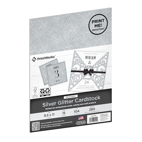 PrintWorks No-Shed Printable Silver Glitter Cardstock 8.5" x 11" - 15 Sheets - 104 lb/280 gsm Silver Glitter Paper - Sparkly Paper for School & Craft Projects - FSC® Certified (00515) - size: 8.5 x 11