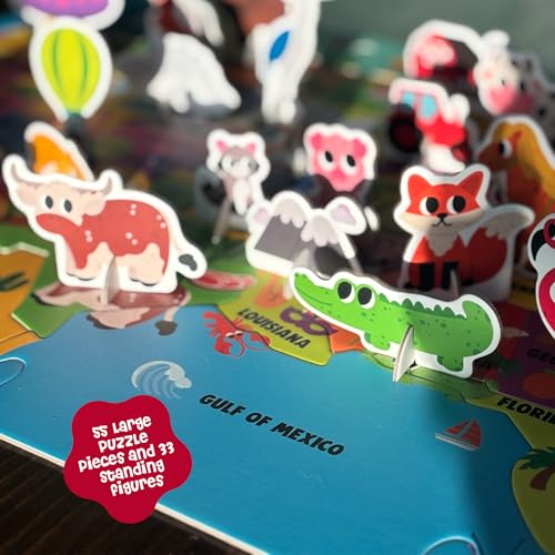 Dinomini Giant USA Map Puzzle for Kids - with Interactive Standing Figures - Floor Puzzles for Kids Ages 3-5 - Preschool Learning Activities - Learning & Educational Toys - color: Usa Map