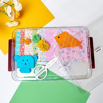 CATOOMUU A4 Storage File Box 9 X 13 Clear Stackable Slim Plastic Portable Project Case For Letter Paper Photo Documents Scrapbook, 3 Count - color: Small-Red