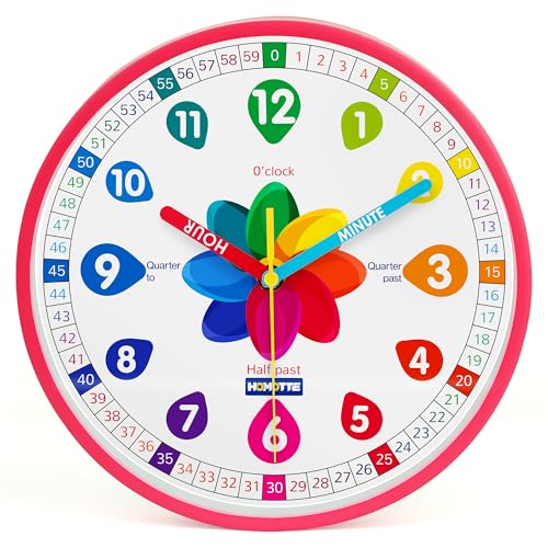 Homotte Learning Clock for Kids | Silent Telling Time Educational Clock | 10 Inch Non-Ticking Clock | Pink Wall Clock for Girls Bedroom Classroom Home Decor