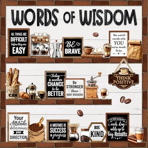 Mooliwe 57 Pcs Coffee Bulletin Board Set Industrial Coffee Shop Inspirational Classroom Decoration Cutout for School Office Chalkboard Door Wall Decor - style: Coffee