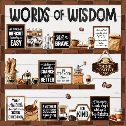 Mooliwe 57 Pcs Coffee Bulletin Board Set Industrial Coffee Shop Inspirational Classroom Decoration Cutout for School Office Chalkboard Door Wall Decor - style: Coffee