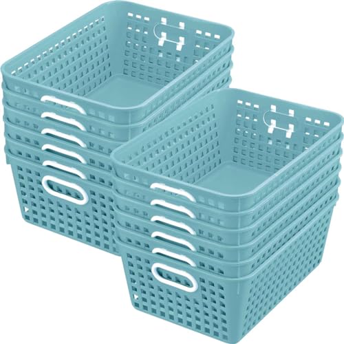 Really Good Stuff 160016WA Multi-Purpose Plastic Storage Baskets for Classroom or Home Use - Stackable Mesh Plastic Baskets with Grip Handles 13" x 10" (Water - Set of 12) - color: Water