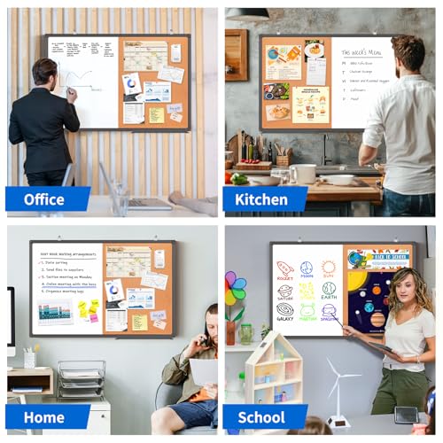 Magnetic White Board and Cork Board Combo, 24 X 18 inches Whiteboard Bulletin Combination Board, Wall Mounted Dry Erase Message Board for Home, School and Office, Black - size: 24 x 18 inch Black