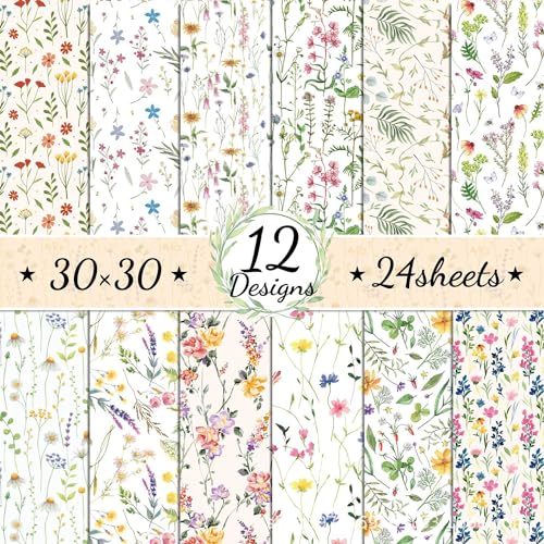 24 Sheets Purple Lavender Scrapbook Paper, 12 Designs Wildflower Red Poppy Printed Craft Paper Double-Sided Papermania Folded Flat for Spring Wedding Card Making Scrapbook Photo Album Decor, 12x12''