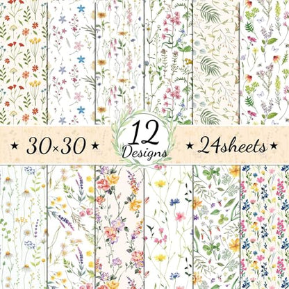 24 Sheets Purple Lavender Scrapbook Paper, 12 Designs Wildflower Red Poppy Printed Craft Paper Double-Sided Papermania Folded Flat for Spring Wedding Card Making Scrapbook Photo Album Decor, 12x12''