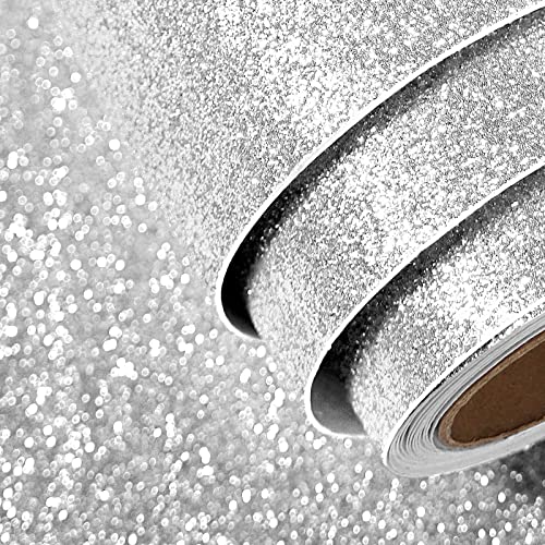 FunStick 16"x240" Diamond Silver Glitter Wallpaper Peel and Stick Glitter Contact Paper for Cabinets Self Adhesive Sparkle Glitters Wall Paper Decor Removable Fabric Wallpaper for Bedroom Walls Crafts - size: 15.8" x 240"