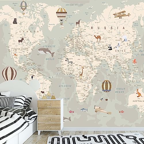 Kids World Map Wallpaper with Animals–Peel and Stick Educational Decals–Nursery Murals for Baby, Toddlers, Boys, Kids Room–Removable Waterproof Decor for Bedroom, Classroom,Playroom(185W x 118.1H) - size: 185 x 118.1 inches