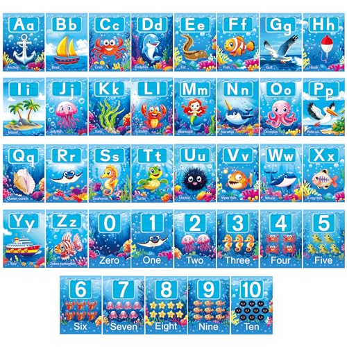 Adduster 37 Piece Alphanumeric Bulletin Board Set Submarine Alphanumeric 0-10 Card Cutout Marine Life Educational Poster for Classroom Walls Preschool Kindergarten Teacher - color: Blue