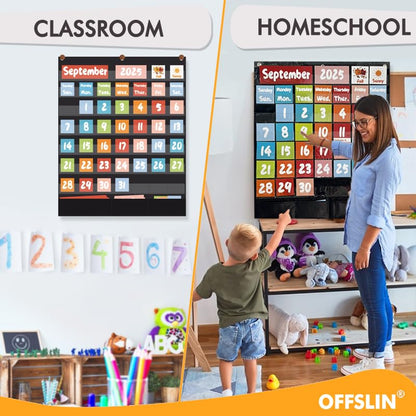 Classroom Calendar Pocket Chart with 70pcs Cards, Kids Calendar Pocket Chart for Classroom Decor, Circle Time Learning Center, School Homeschool Supplies (Black A)