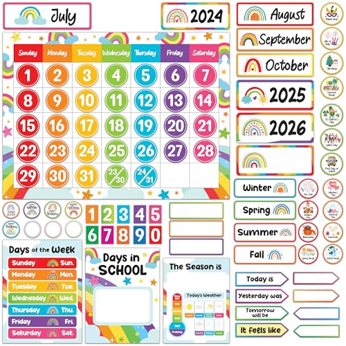 Decorably 147 Pcs Cutouts Vibrant Rainbow Classroom Calendar Set with Borders - Gloss-Laminated Cardstock for Elementary & High School Decoration, Hallways, Study Room