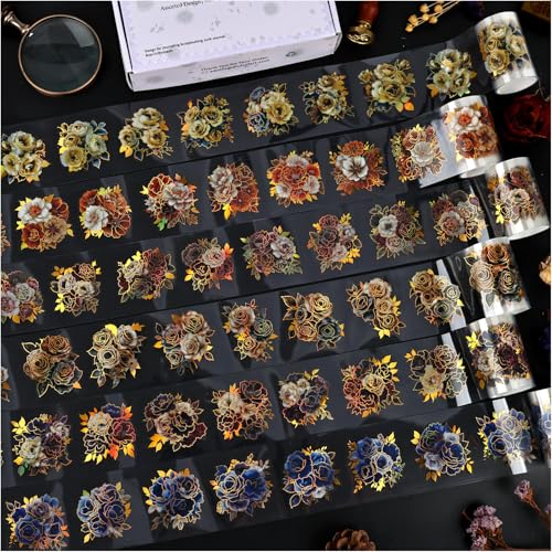 Gold Foil Floral Stickers for Scrapbooking, 6 Rolls Vintage Flower Die Cut Stickers Transparent PET Tape Set for Junk Journal Supplies, Collage, DIY Crafts Arts Decorative - style: 6 Rolls Precut Gold Foil Floral Tape