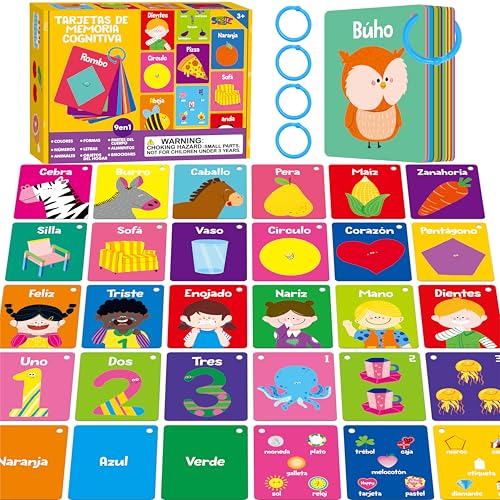 110 PCS Early Learning Flashcards, Double-Sided Spanish Cards- Alphabet, Numbers, Foods, Animals, Shapes, Colors, Emotions with 4 Reclosable Rings, Learning Tool for Pre-K Kindergarten Toddlers - style: Spanish Cognitive Flashcards - 110 Pcs
