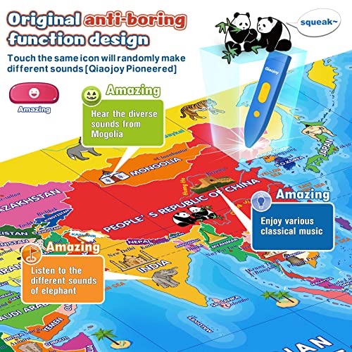 Qiaojoy Bilingual Interactive World Map for Kids Learning and Educational Toys, Talking Electronic Kids World Map i-Poster Geography Games Ages 3 to 12 Years Old, Custom Talking Birthday Gifts Card - style: World Map