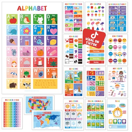 UNCLE WU 16 Pack Educational Posters for Ages 2-6, Preschool Classroom | Laminated learning charts cover ABC, numbers 1-100, shapes, colors, maps, homeschool, daycare, and kindergarten
