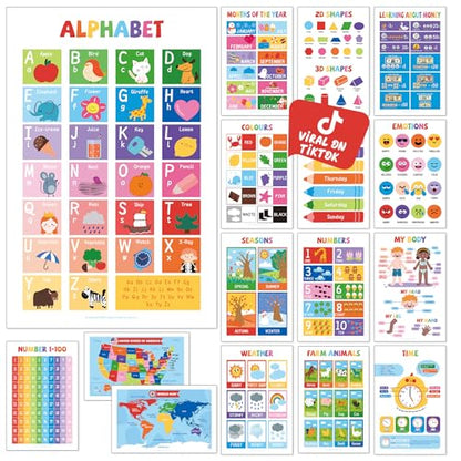 UNCLE WU 16 Pack Educational Posters for Ages 2-6, Preschool Classroom | Laminated learning charts cover ABC, numbers 1-100, shapes, colors, maps, homeschool, daycare, and kindergarten