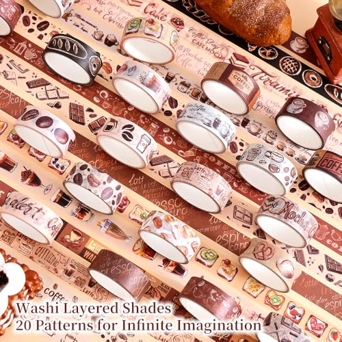 icceemee 20 Rolls Coffee Theme Washi Tape Set, Writable Decorative Tapes for Scrapbooking, Junk Journal Supplies, Bullet Journaling, Bullet Journaling, 0.6"x79" per Roll - style: Coffee