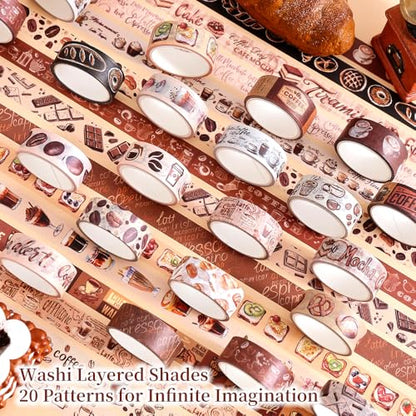 icceemee 20 Rolls Coffee Theme Washi Tape Set, Writable Decorative Tapes for Scrapbooking, Junk Journal Supplies, Bullet Journaling, Bullet Journaling, 0.6"x79" per Roll - style: Coffee