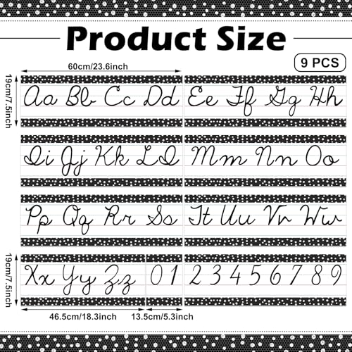 Set of 9 Cursive Writing Bulletin Board Cursive Alphabet Wall Strip for Teacher Supplies, Classroom Teaching Tool, Homeschooling, Kids Education(Black Dot) - style: Black Dot