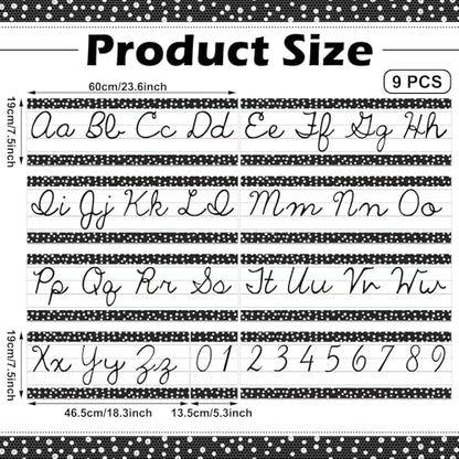 Set of 9 Cursive Writing Bulletin Board Cursive Alphabet Wall Strip for Teacher Supplies, Classroom Teaching Tool, Homeschooling, Kids Education(Black Dot) - style: Black Dot
