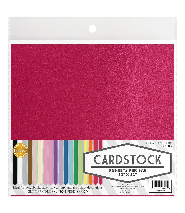 Glitter Crafting Cardstock, 22 Color Choices, 250g. 12" x 12" Inch, 5 Premium Sheets (Fucshia) - color: Fucshia