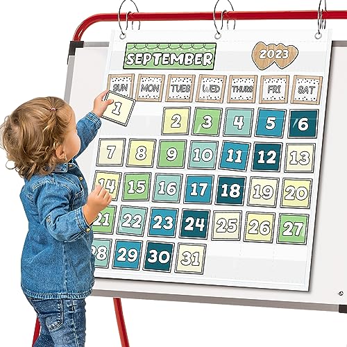 EAMAY Classroom Monthly Calendar Pocket Chart for 2.75 * 2.75 Cards,Homeschool Supplies and Classroom Must Haves! Only Chart(White) - color: White