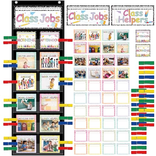 Class Jobs Pocket Chart - Notebook Themed Management Educational Pocket Chart Set with Cards Clips Hooks, Teacher's Helper Classroom Supplies, Back to School Chalkboard Bulletin Board Decor - color: Notebook Themed
